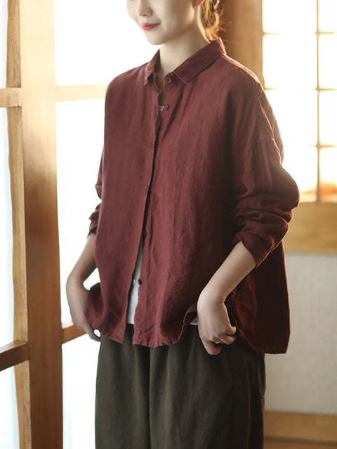 Women Spring Pure Color Turn-down Collar Linen Shirt