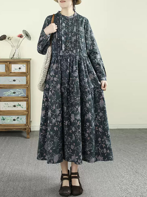 Vestido de mujer de primavera con frunces y estampado floral 100 % ramio