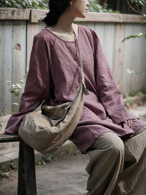 Women Spring Pure Color O-Neck Linen Shirt