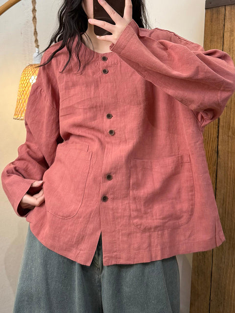 Women Spring Pure Color O-Neck Linen Shirt