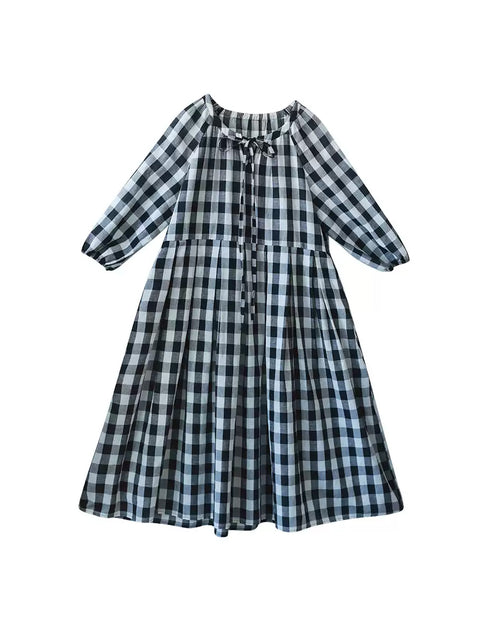 Women Winter Casual Plaid O-Neck Cotton Linen Dress