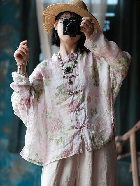 Women Ethnic Spring Flower Stand Collar Linen Shirt