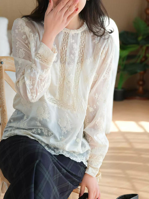 Camisa con bordados y cuello de encaje de color puro y estilo artístico para mujer