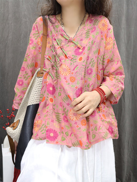 Women Spring Ethnic V-Neck Flower 100%Ramie Shirt