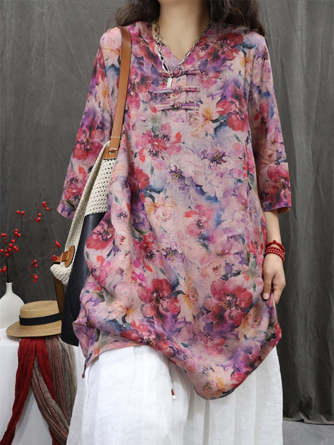 Women Spring Ethnic V-Neck Flower 100%Ramie Shirt