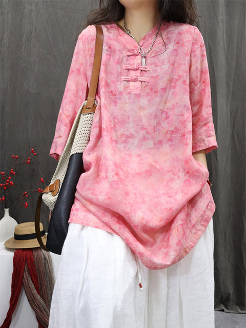 Women Spring Ethnic V-Neck Flower 100%Ramie Shirt