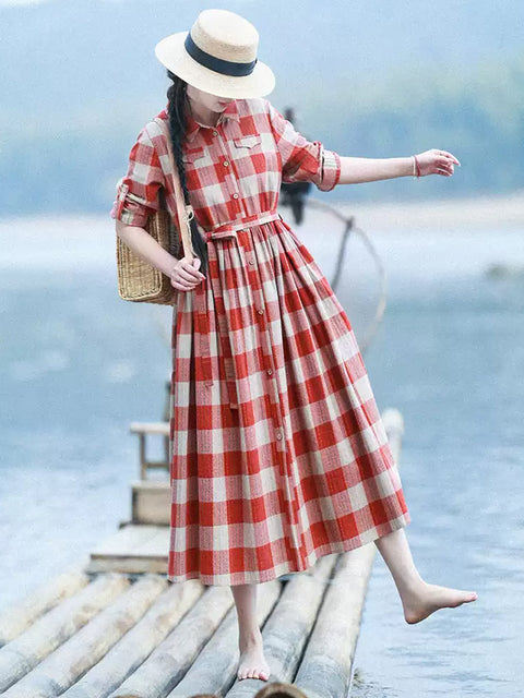 Vestido de mujer de algodón 100 % con cuello vuelto y cuadros artísticos de primavera