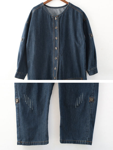 Women Spring Vintage Denim O-Neck Loose Jumpsuits