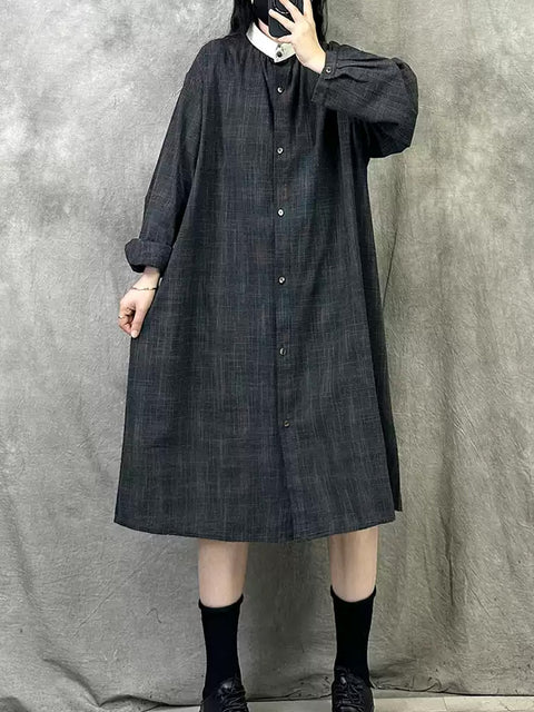 Women Spring Artsy Plaid Turn-down Collar Loose Dress