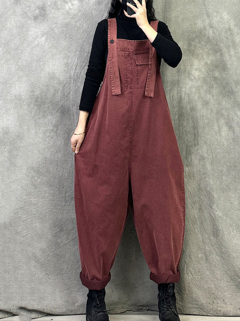 Women Spring Casual Pure Color Loose Jumpsuits