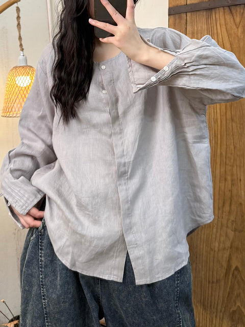 Women Spring Casual Pure Color O-Neck Linen Shirt