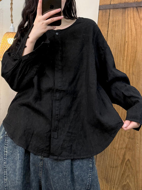 Women Spring Casual Pure Color O-Neck Linen Shirt