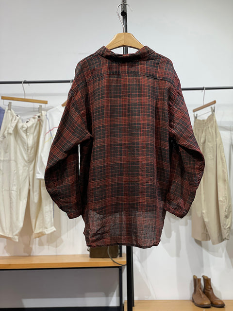 Women Spring Vintage Plaid Turn-down Collar Linen Shirt