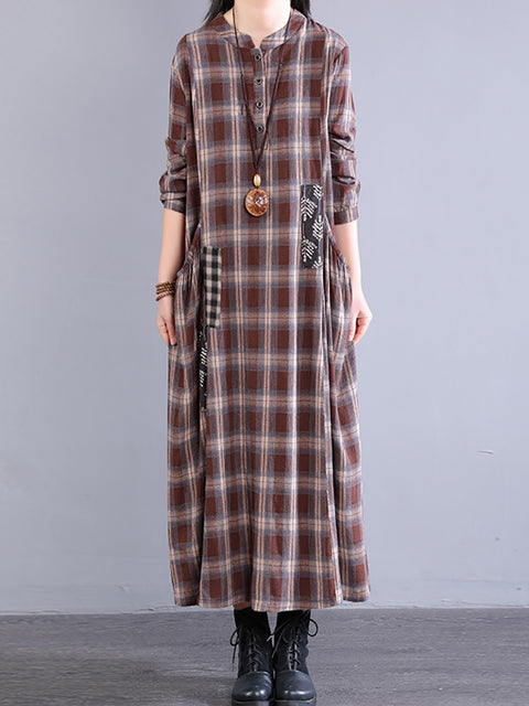 Women Spring Plaid Stand Collar Spliced 100%Cotton Dress