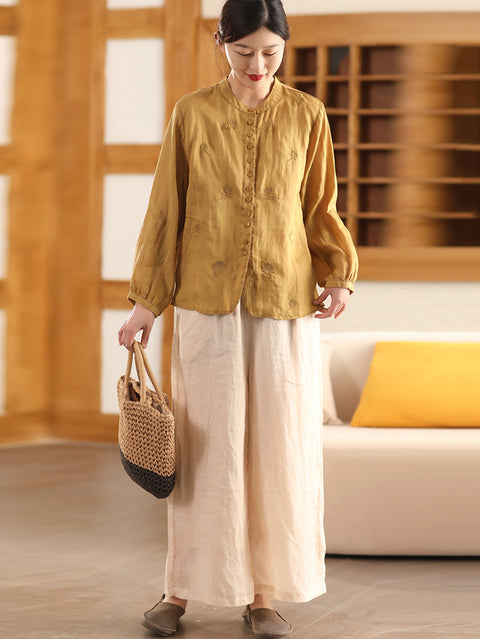 Women Spring Double-layer Ramie Wide-leg Pants