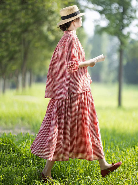 Trajes holgados de lino 100 % a cuadros rojos vintage de verano para mujer