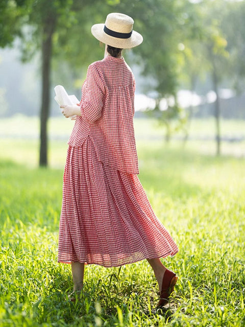 Trajes holgados de lino 100 % a cuadros rojos vintage de verano para mujer