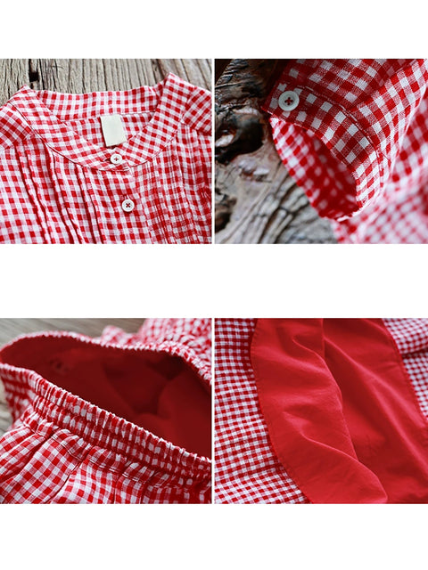 Trajes holgados de lino 100 % a cuadros rojos vintage de verano para mujer