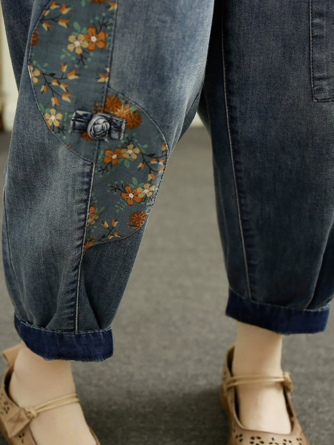 Pantalones harén con estampado floral de mezclilla de estilo artístico para mujer