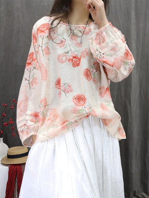 Women Artsy Summer Floral 100%Ramie O-Neck Shirt