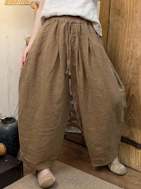 Women Vintage Spring Pure Color Wide-leg Linen Pants