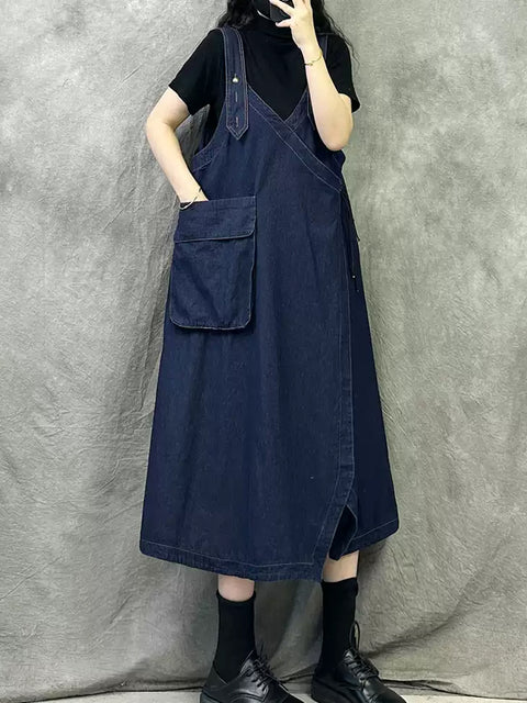 Vestido vaquero vintage con escote en V y tirantes para mujer