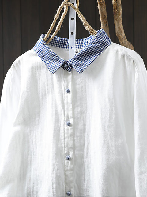 Women Spring Plaid Spliced 100%Cotton Turn-down Collar Shirt