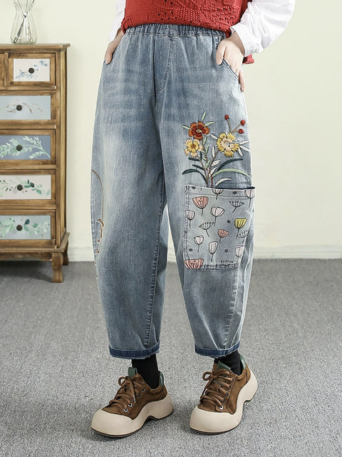 Pantalones harén de mezclilla con bordado de flores informales para mujer