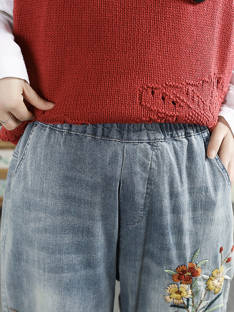 Pantalones harén de mezclilla con bordado de flores informales para mujer