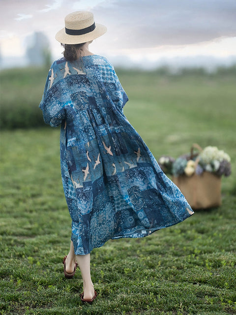 Vestido holgado de ramio con estampado vintage de verano para mujer