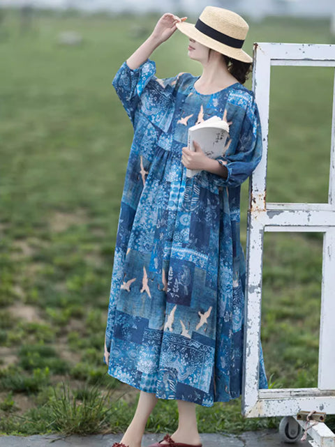 Vestido holgado de ramio con estampado vintage de verano para mujer