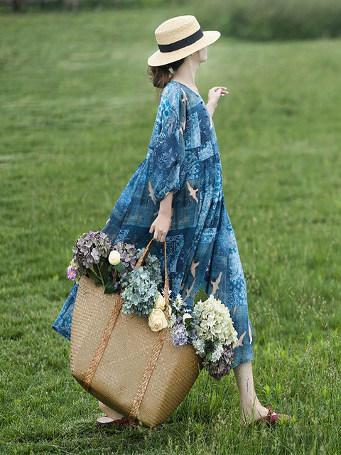 Vestido holgado de ramio con estampado vintage de verano para mujer