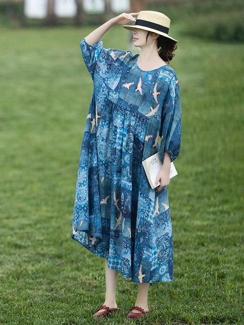 Vestido holgado de ramio con estampado vintage de verano para mujer