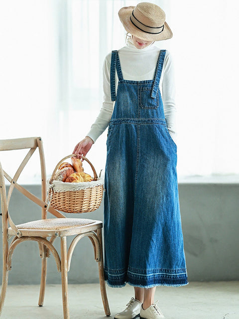 Vestido de tirantes de mezclilla de color puro y estilo artístico para mujer de primavera