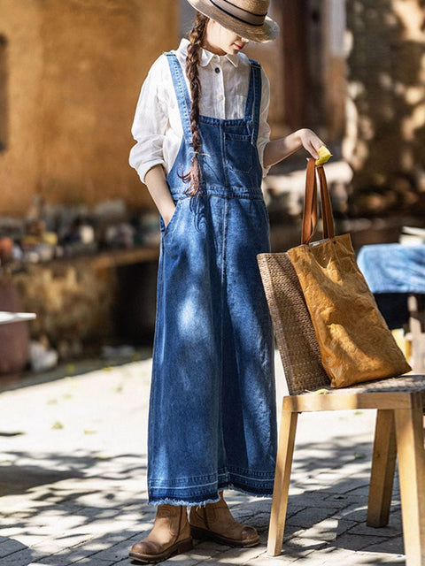 Vestido de tirantes de mezclilla de color puro y estilo artístico para mujer de primavera