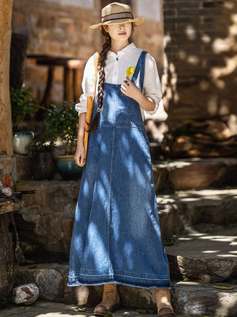 Vestido de tirantes de mezclilla de color puro y estilo artístico para mujer de primavera