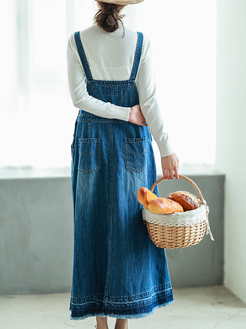 Vestido de tirantes de mezclilla de color puro y estilo artístico para mujer de primavera