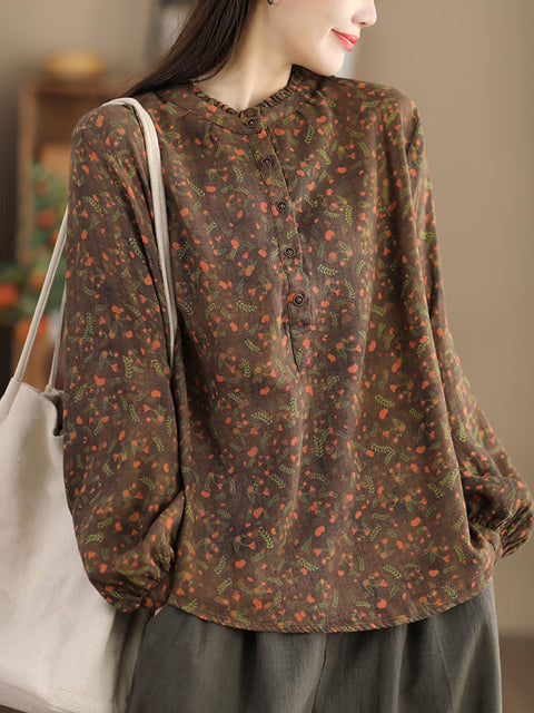 Women Artsy Flower Stand Collar 100%Cotton Shirt