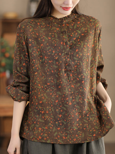 Camisa de mujer 100 % algodón con cuello alto y estampado floral Artsy