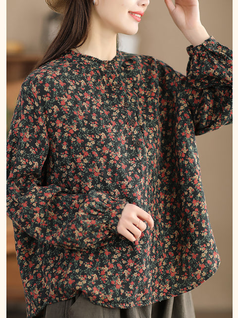 Camisa de mujer 100 % algodón con cuello alto y estampado floral Artsy