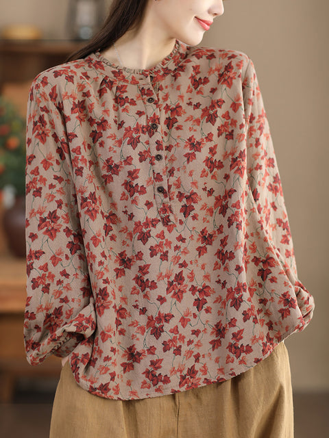 Camisa de mujer 100 % algodón con cuello alto y estampado floral Artsy