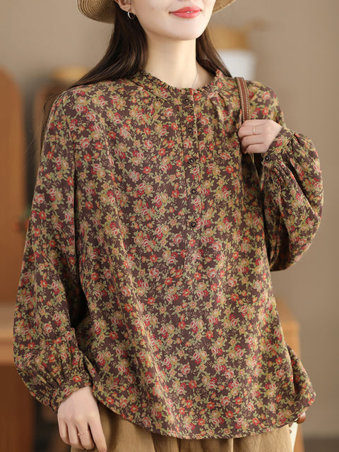 Camisa de mujer 100 % algodón con cuello alto y estampado floral Artsy