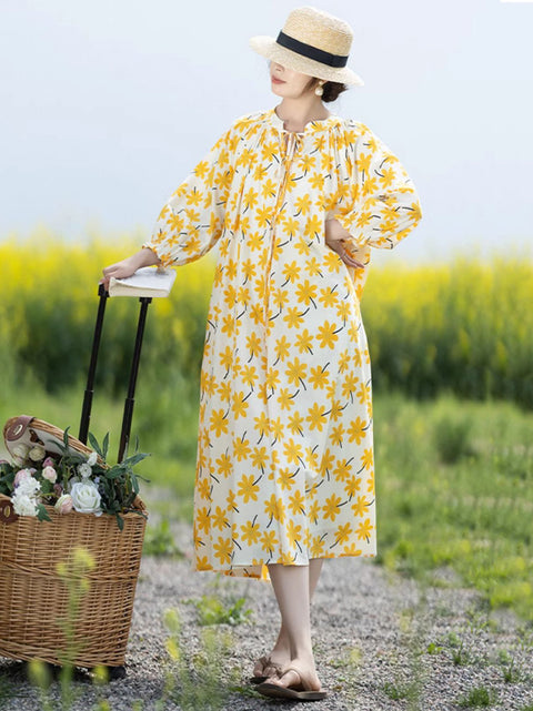 Vestido holgado vintage con cuello alto y flores de primavera para mujer