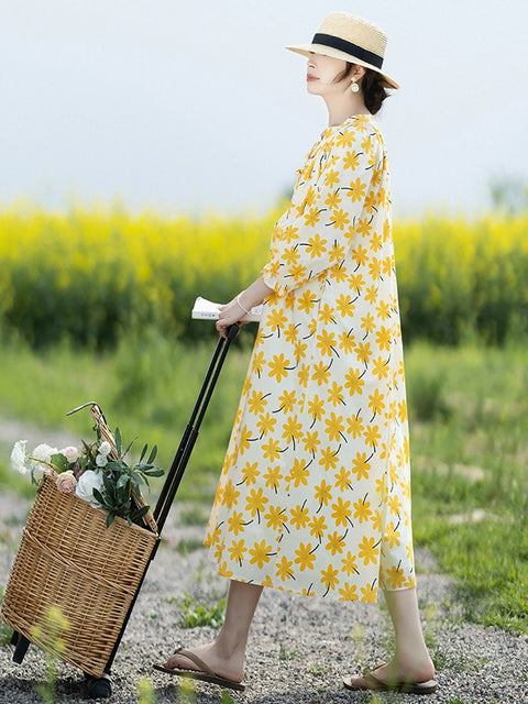 Vestido holgado vintage con cuello alto y flores de primavera para mujer