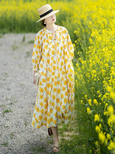 Vestido holgado vintage con cuello alto y flores de primavera para mujer