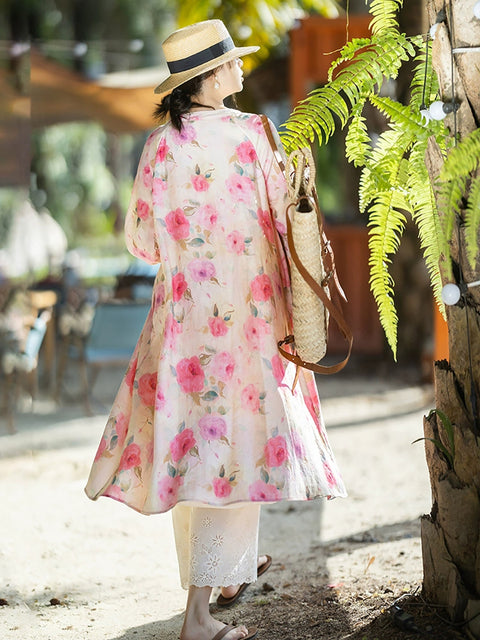 Camisa de lino 100 % con cuello redondo y estampado floral de primavera para mujer