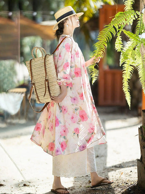 Camisa de lino 100 % con cuello redondo y estampado floral de primavera para mujer