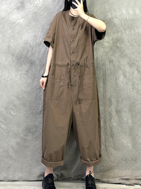 Women Summer Vintage Pure Color Loose Jumpsuits