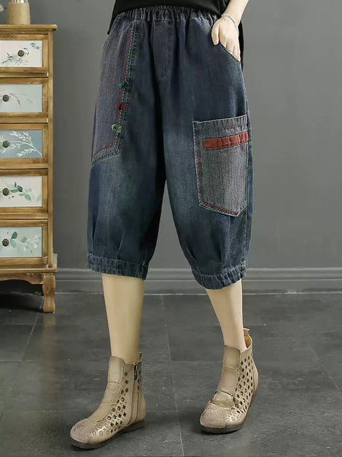 Pantalones harén de mezclilla con parches retro empalmados para mujer