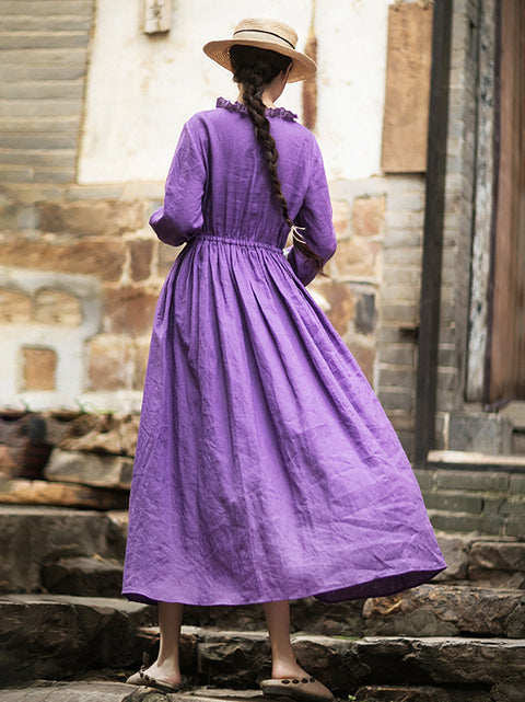 Vestido de lino con cuello de encaje de color puro y estilo artístico para mujer